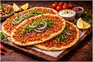 Turkse pizza met salade en saus.