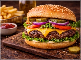 Verse gehakt burger op broodje met verse toppings: sla, tomaat, ui, augurken, cheddar.